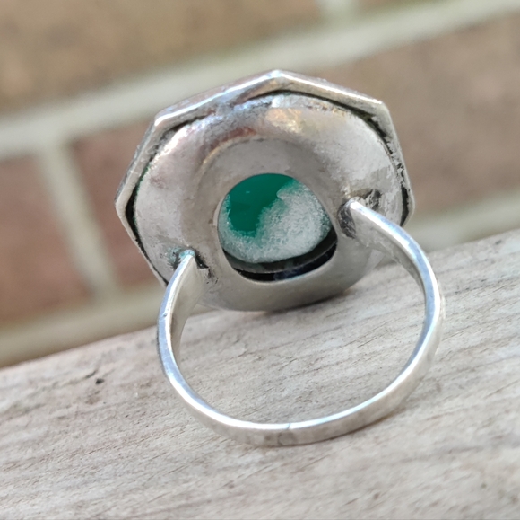 Antique sterling Edwardian marcasite and green onyx gemstone ring - Picture 3 of 4